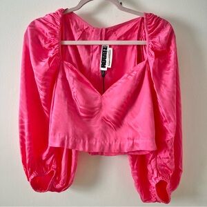 NWT Rotate Birger Christensen Irina Top Hot Pink Size 6 Puff Sleeve Satin Zebra